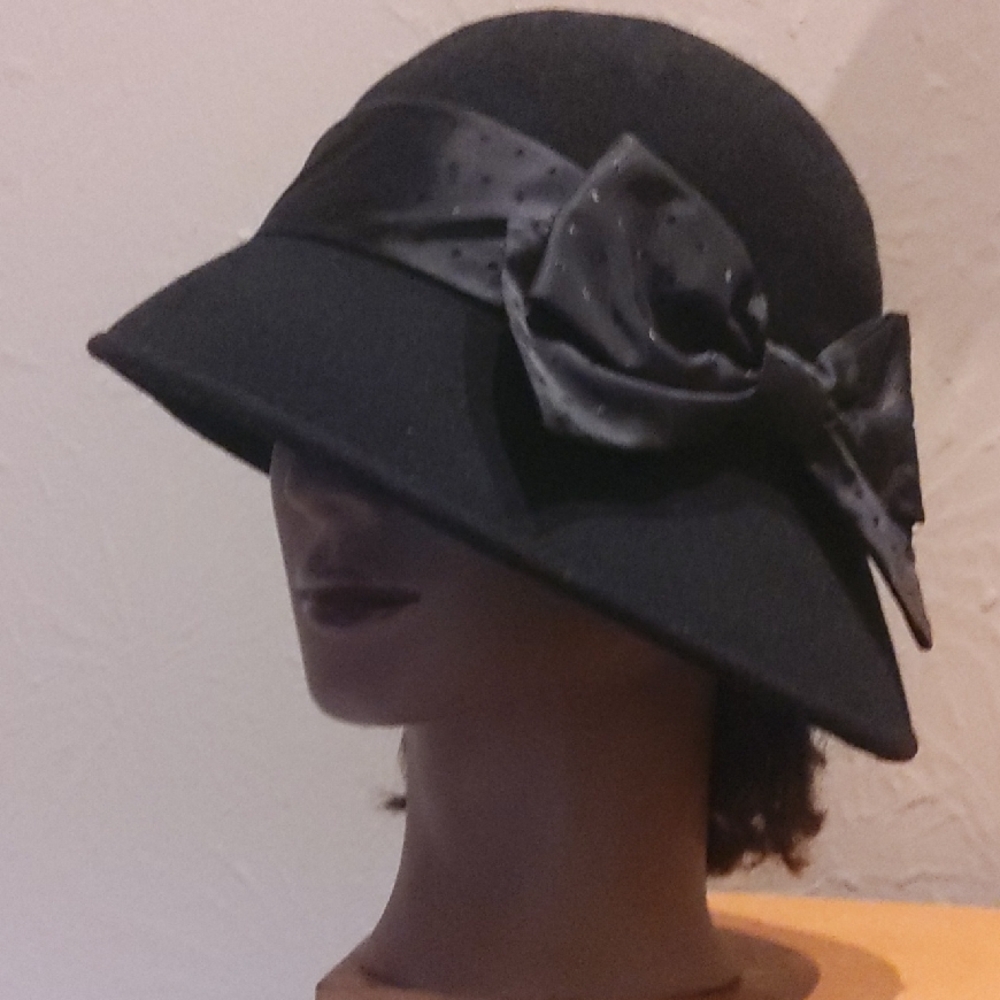 August Hats Elegant Black Cloche with Satin Bow